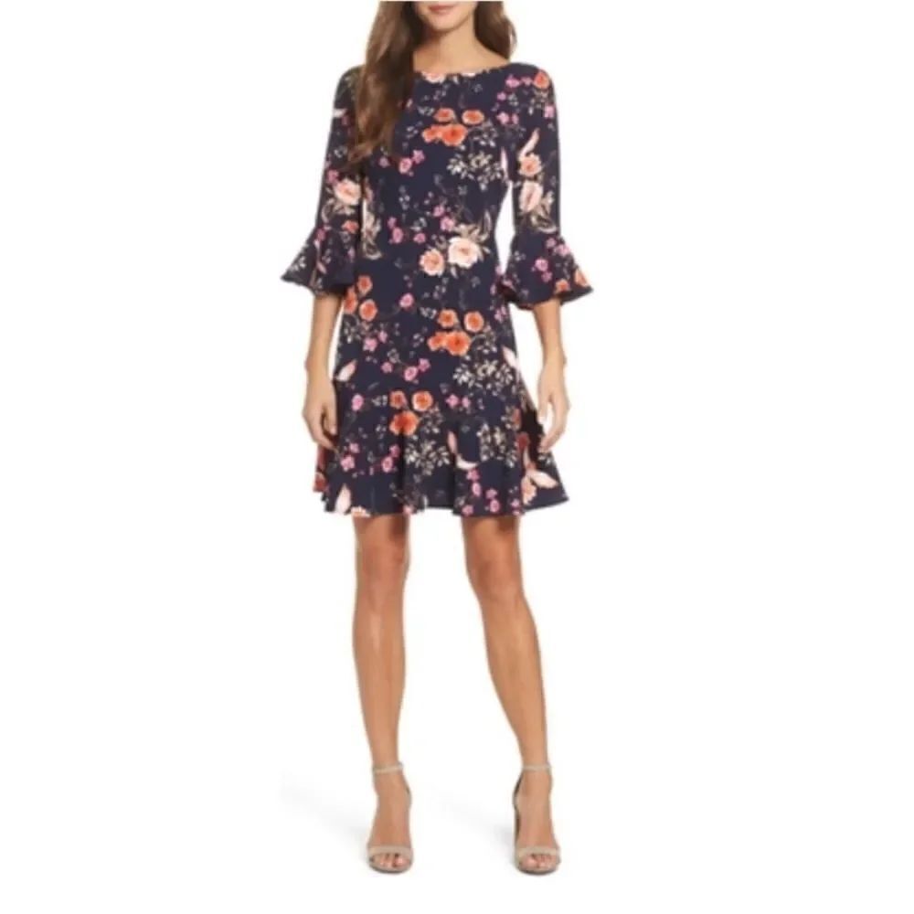 Eliza J Floral Bird Blue Print Ruffle Boho Bell Sleeves Dress Contemporary